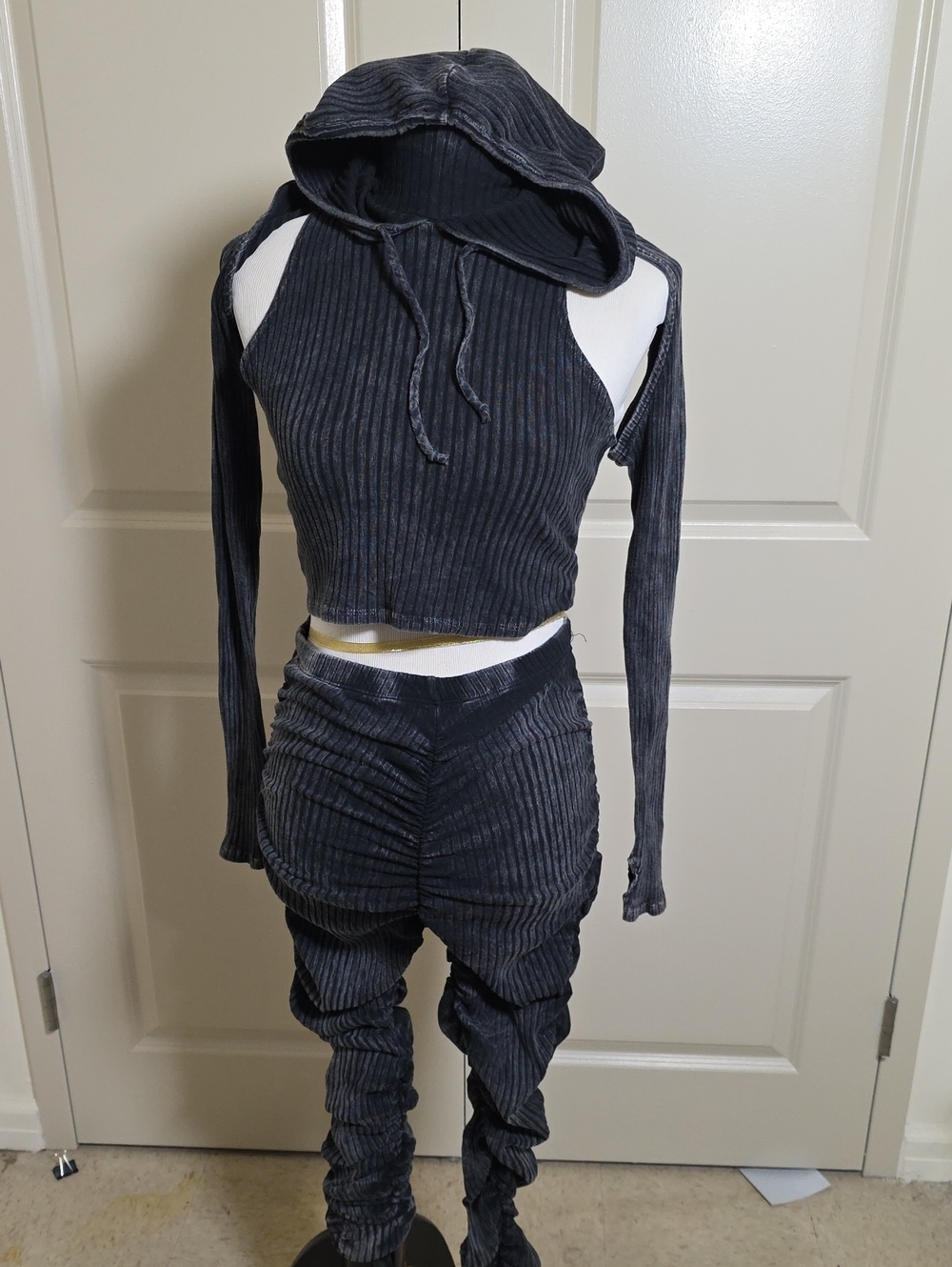 Fashion Nova Black Ribbed Hooded Crop Top & Ruched Joggers Set